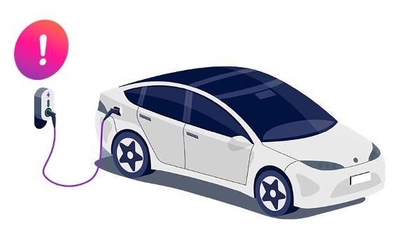 Domestic ev charger illustration with car and warning icon